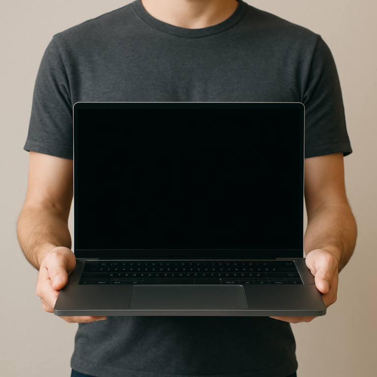 Ordinateur portable présenté à deux mains
